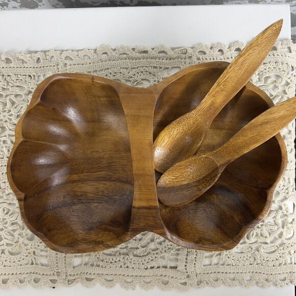 Monkey Pod Wood Basket‎ Bowl With Serving Spoons Hand Carved Scalloped Seashell - Picture 1 of 13